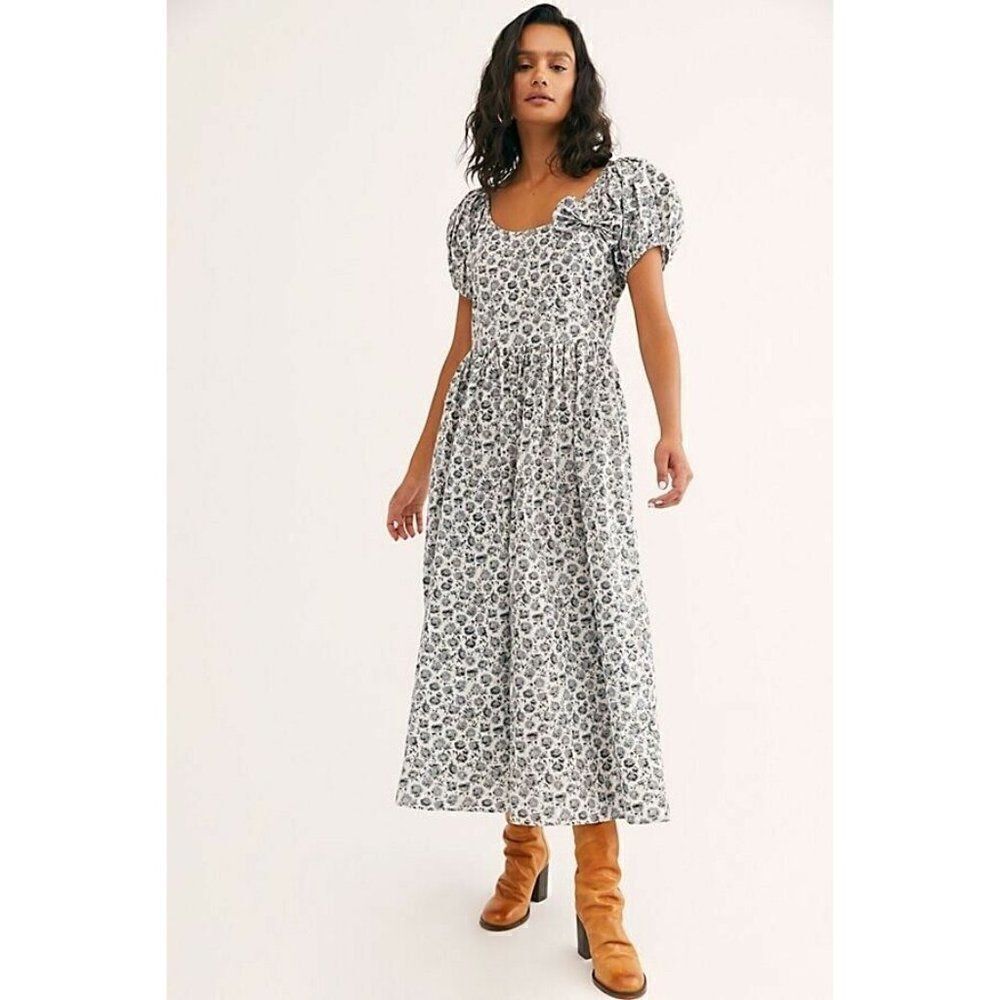 NEW LOVESHACKFANCY LAIS FLORAL PUFF SLEEVE VINTAGE POPLIN DRESS WARM GREY - Picture 7 of 8